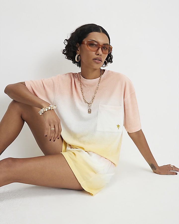 Orange Cotton Blend Ombre Towelling T-shirt