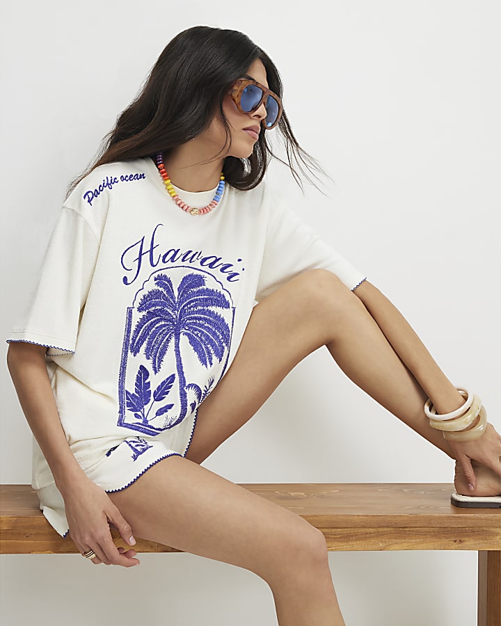 Cream Cotton Blend Hawaii Towelling T-Shirt