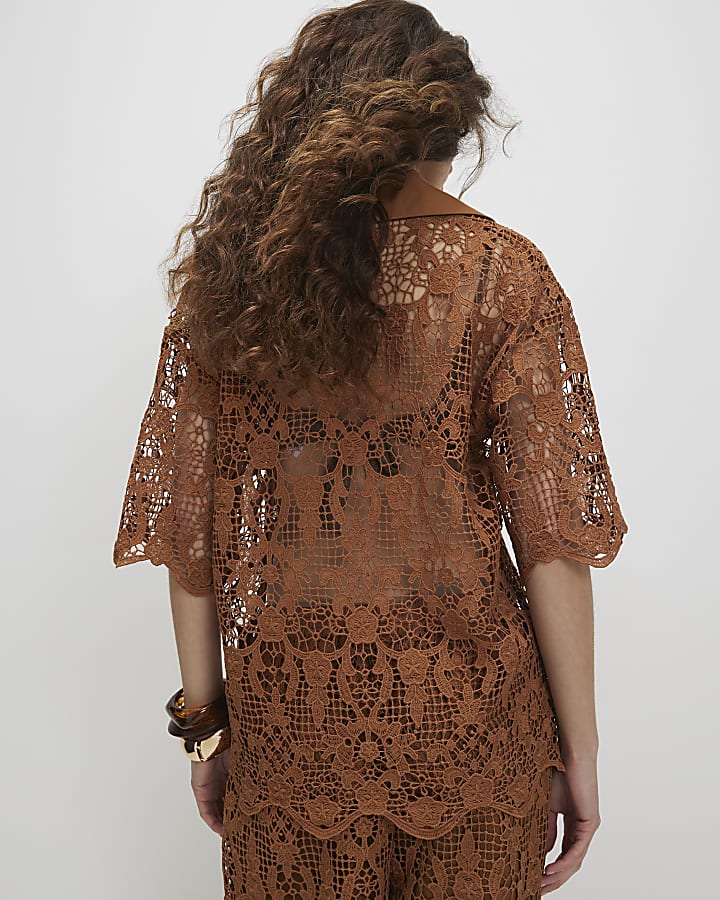 Brown Crochet Polo Top