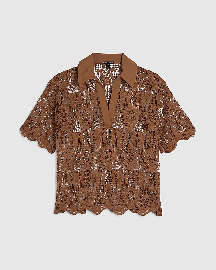 Brown Crochet Polo Top
