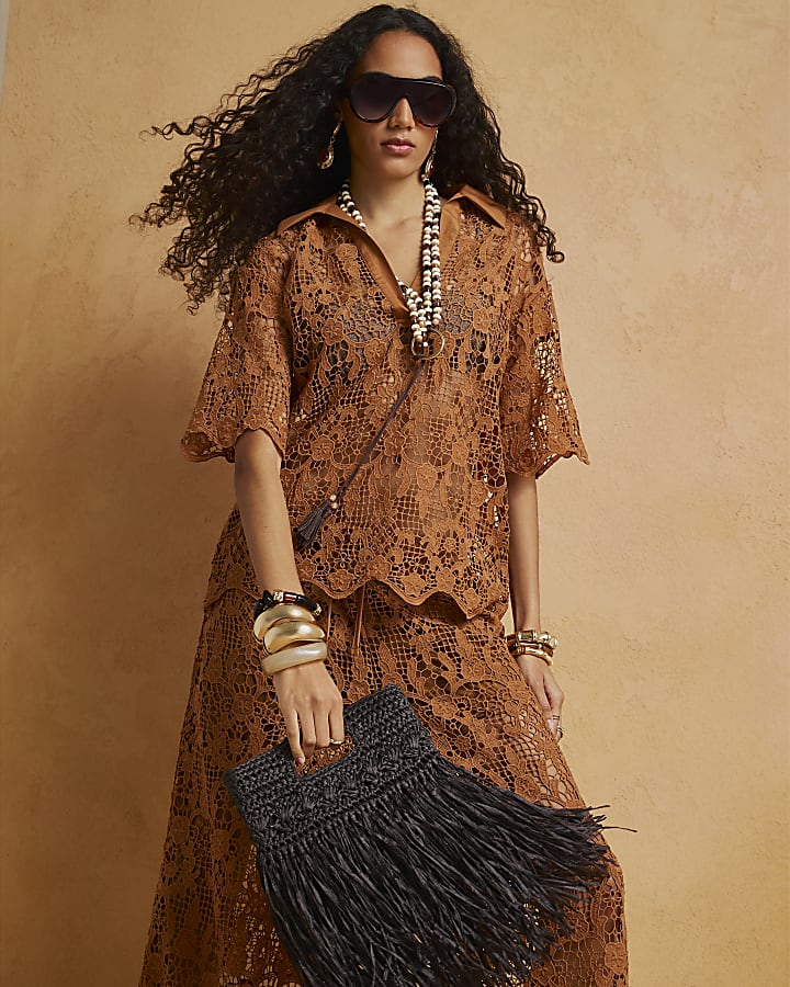 Brown Crochet Polo Top