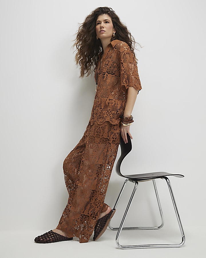 Brown Crochet Polo Top