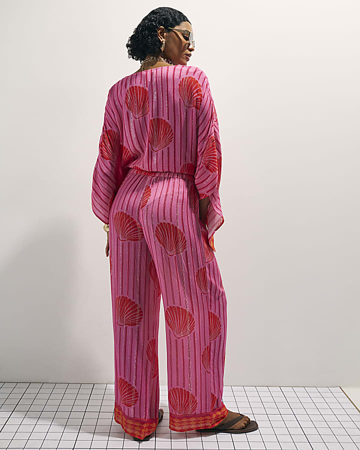 Pink Shell Print Wide Leg Trousers