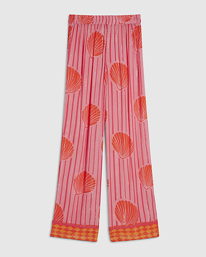 Pink Shell Print Wide Leg Trousers