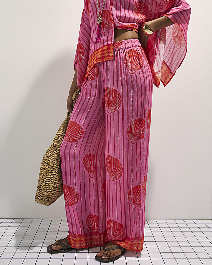 Pink Shell Print Wide Leg Trousers