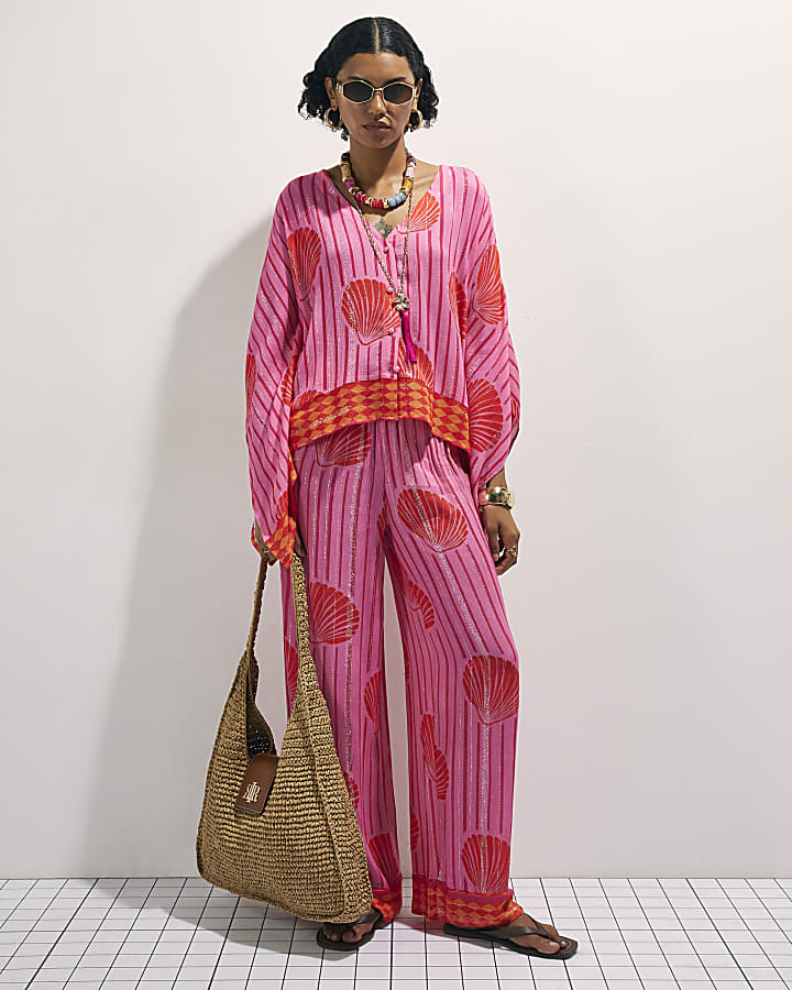 Pink Shell Print Wide Leg Trousers