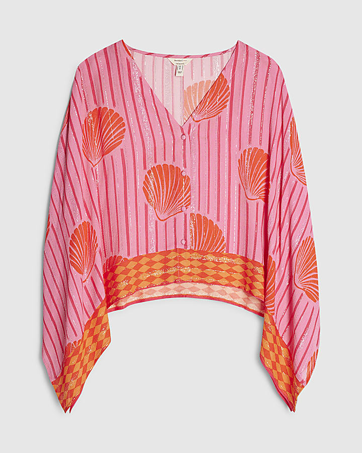 Pink Shell Print V-Neck Shirt