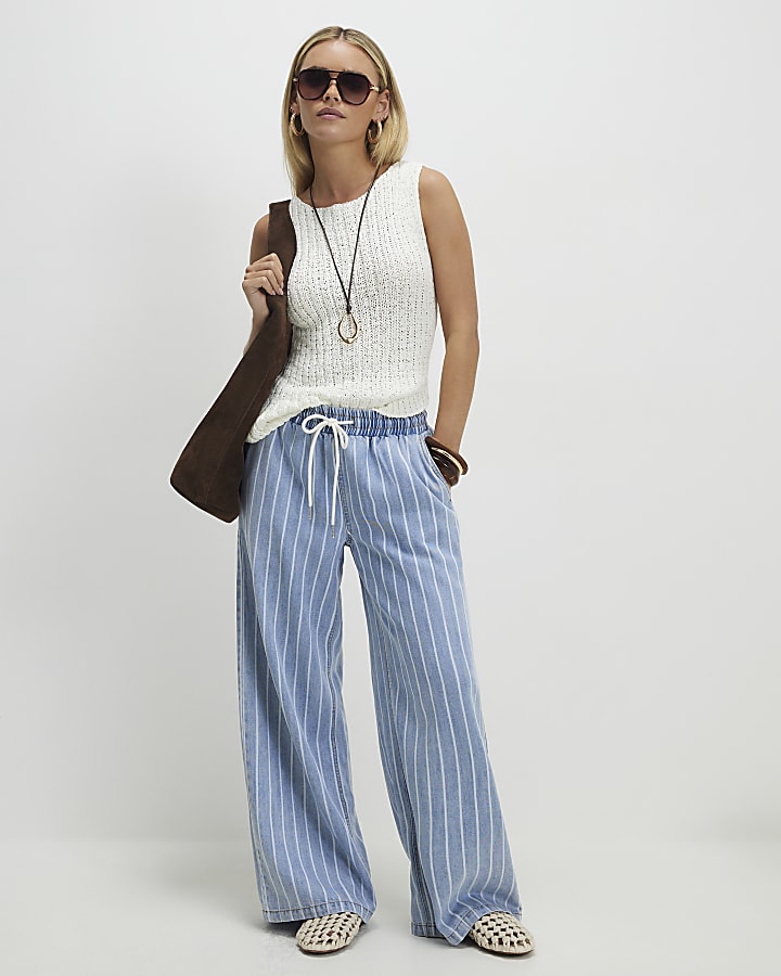 Petite Stripe Wide Leg Pyjama Style Jeans