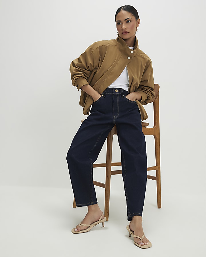 Petite Blue Mid Rise Barrel Leg Jeans