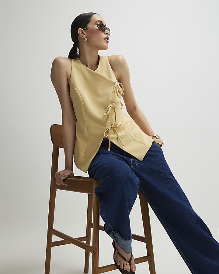 Yellow Asymmetric Bow Tie Front Waistcoat