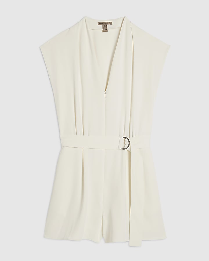 White Short Sleeve Belted Playsuit