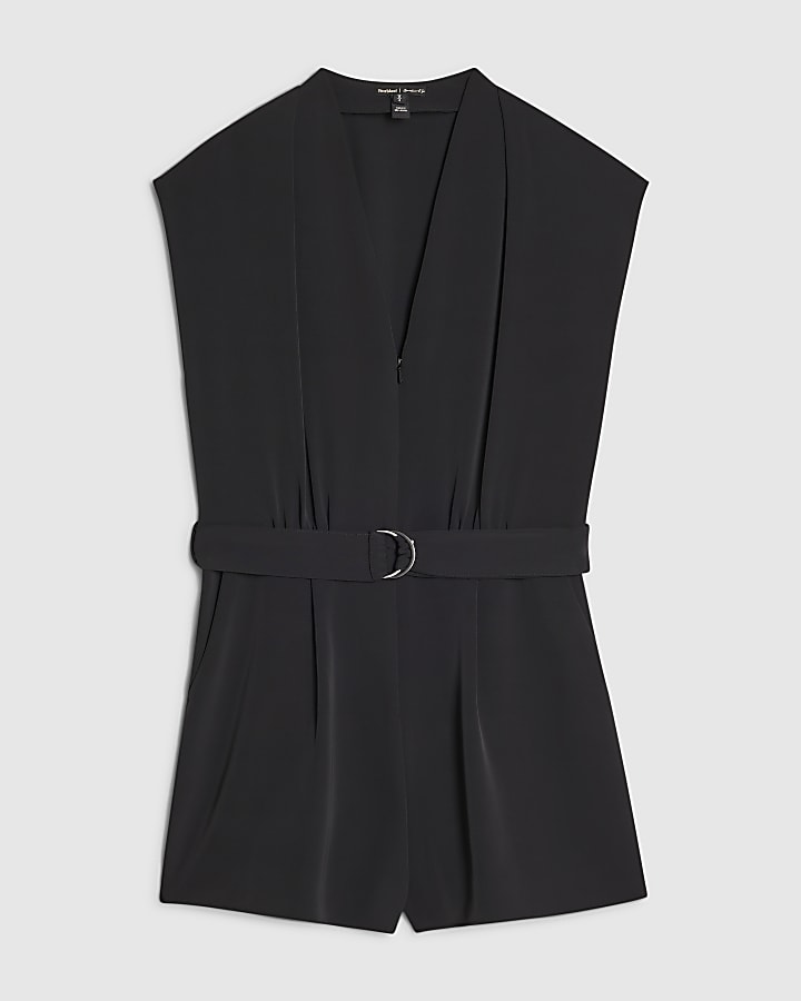 Black Short Sleeve Belted Playsuit
