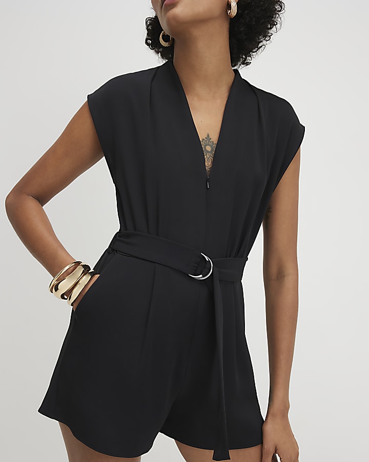 Black Short Sleeve Belted Playsuit