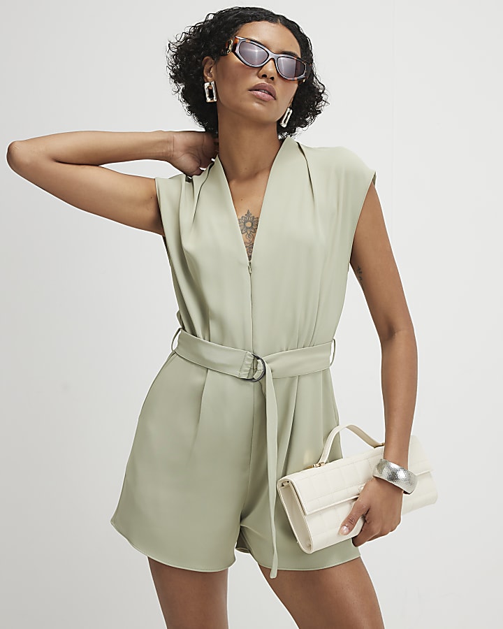 Khaki Short Sleeve Belted Playsuit