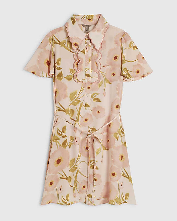 Pink Short Sleeve Scallop Floral Shirt Dress