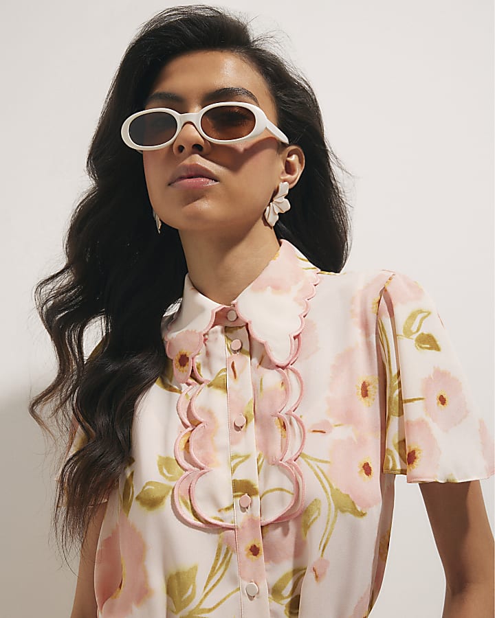 Pink Short Sleeve Scallop Trim Shirt Dress