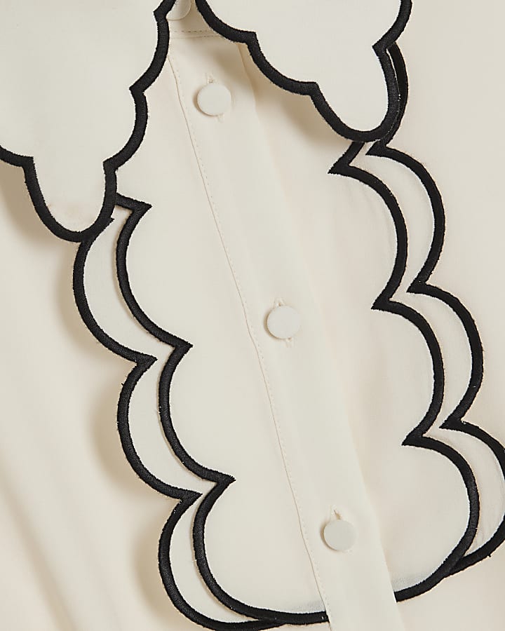 Cream Short Sleeve Scallop Trim Shirt Dress