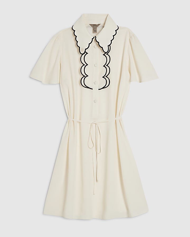Cream Short Sleeve Scallop Trim Shirt Dress