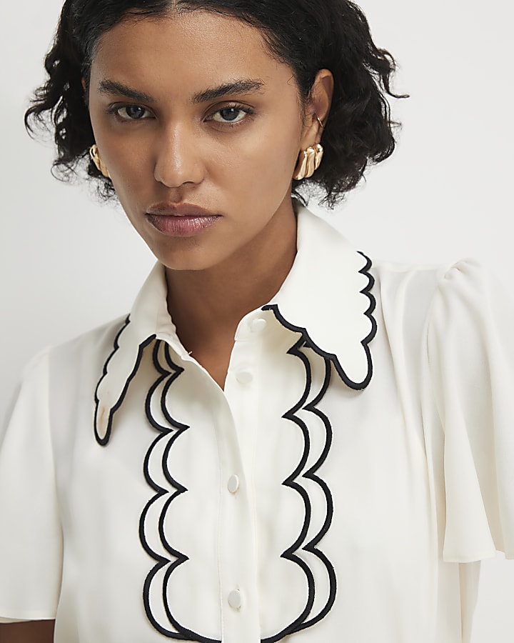 Cream Short Sleeve Scallop Trim Shirt Dress