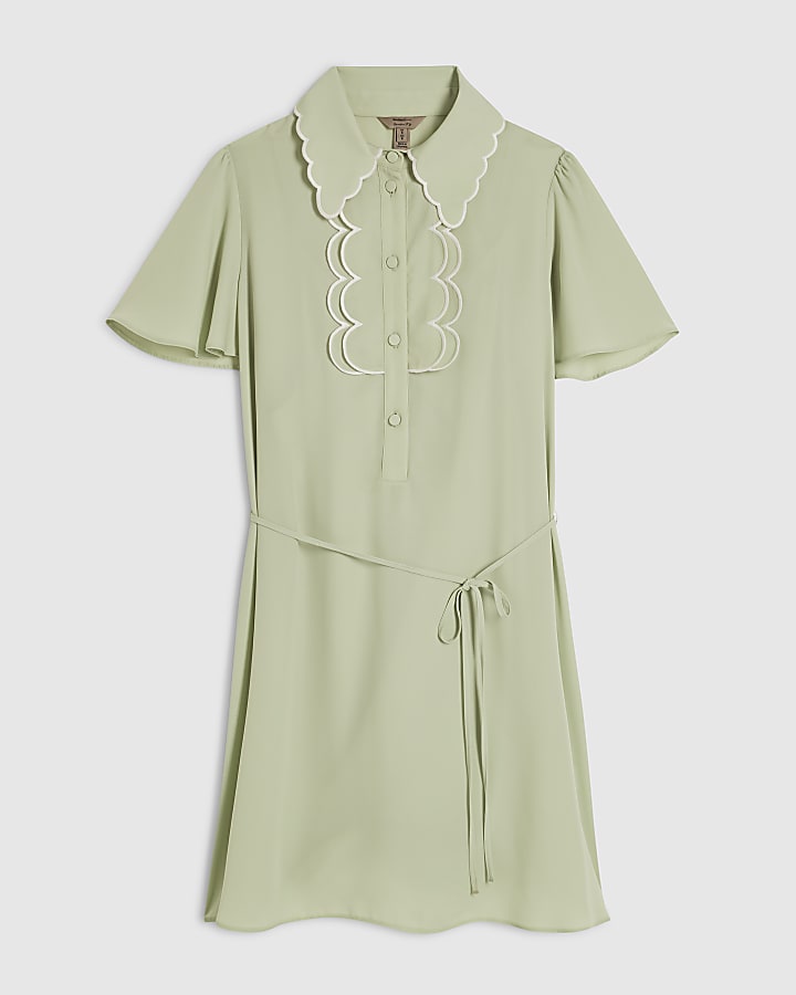 Green Scallop Mini Shirt Dress