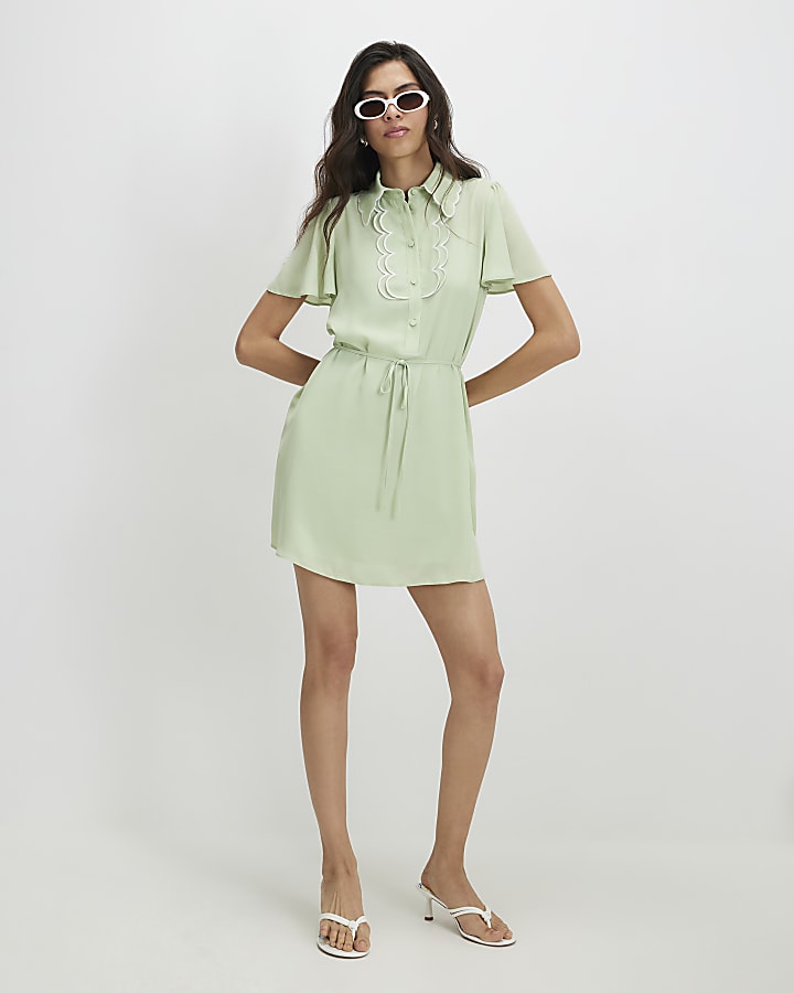 Green Scallop Mini Shirt Dress