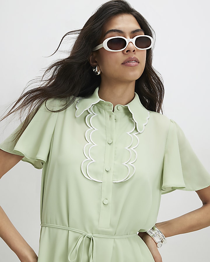 Green Scallop Mini Shirt Dress