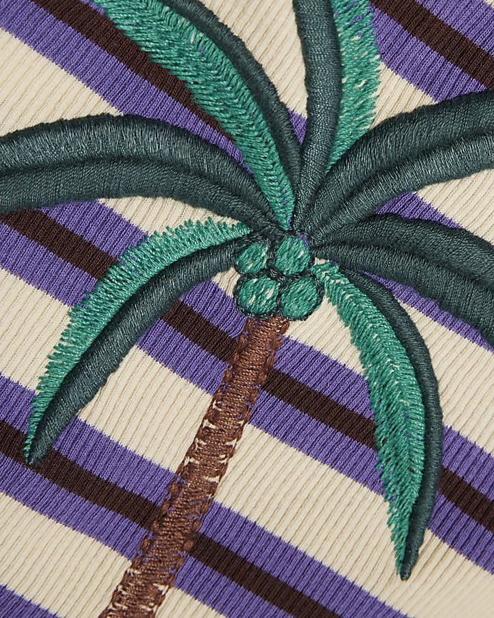 Brown Stripe Palm Tree Embroidered Tank Top