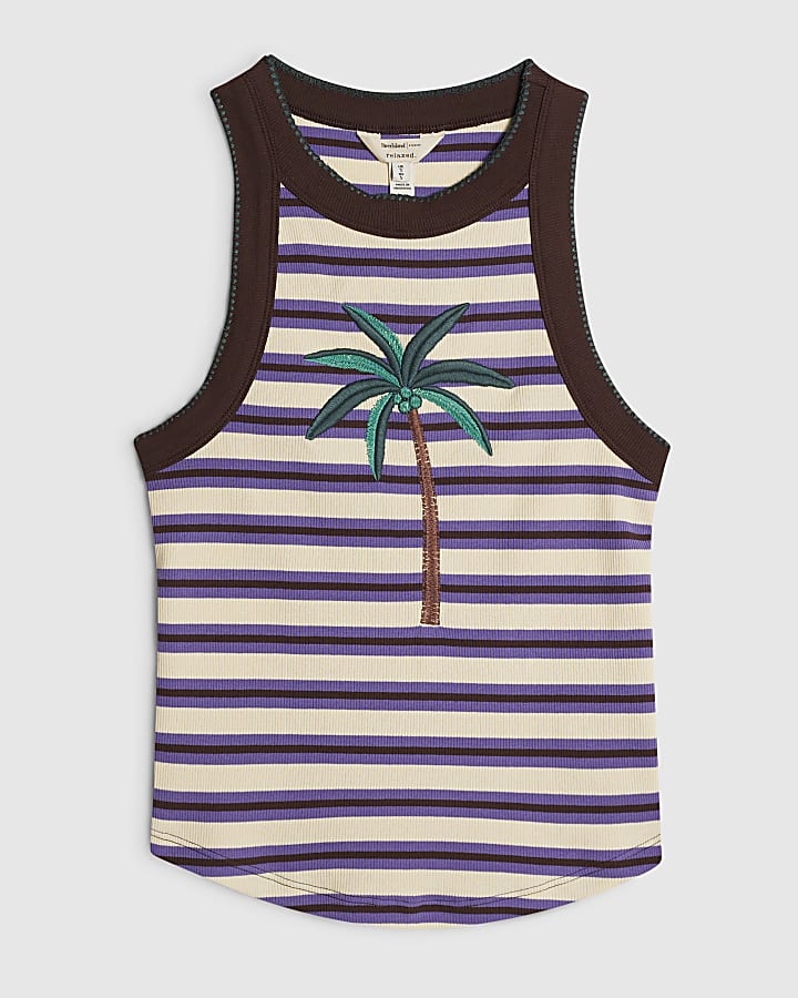 Brown Stripe Palm Tree Embroidered Tank Top
