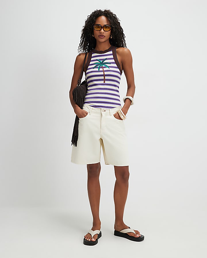 Brown Stripe Palm Tree Embroidered Tank Top