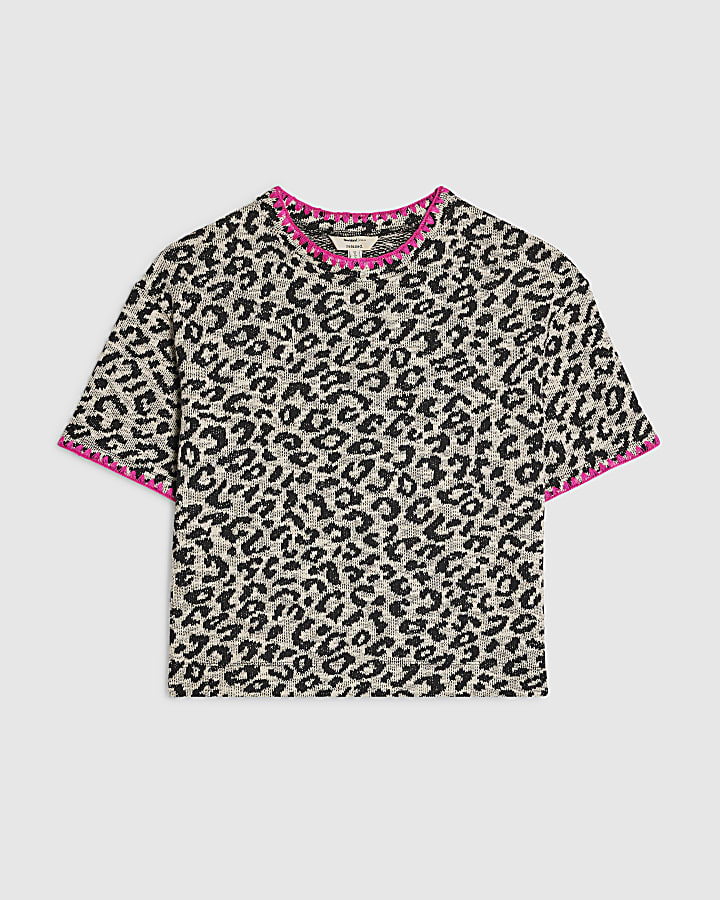Brown Animal Print Whipstitch T-Shirt