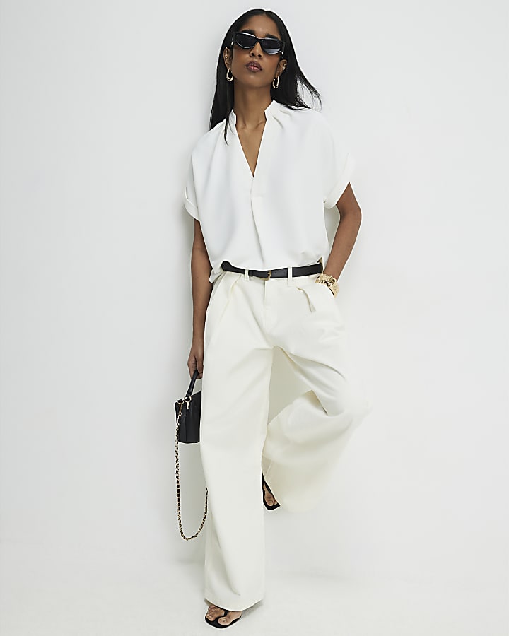 Cream Notch Neck Short Sleeve Top