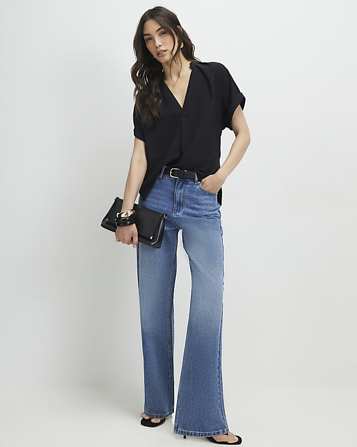 Black Notch Neck Short Sleeve Top