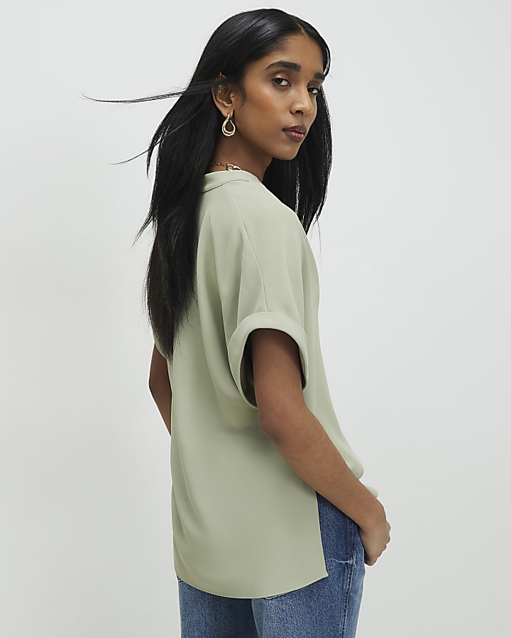 Khaki Notch Neck Short Sleeve Top