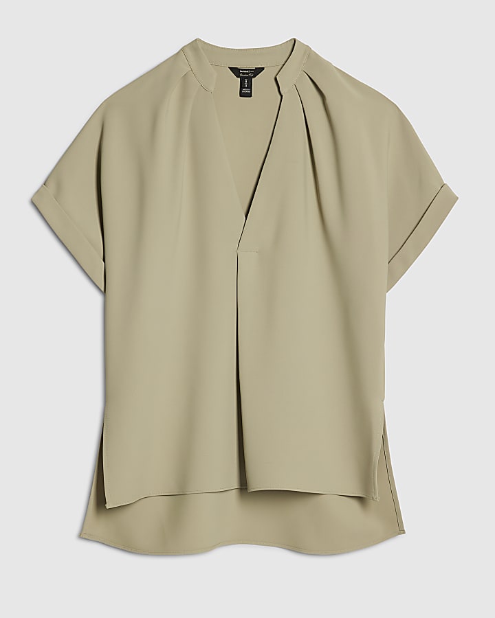 Khaki Notch Neck Short Sleeve Top