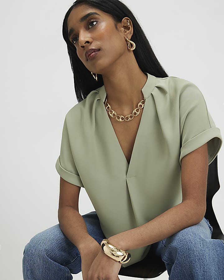 Khaki Notch Neck Short Sleeve Top