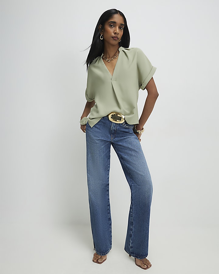 Khaki Notch Neck Short Sleeve Top