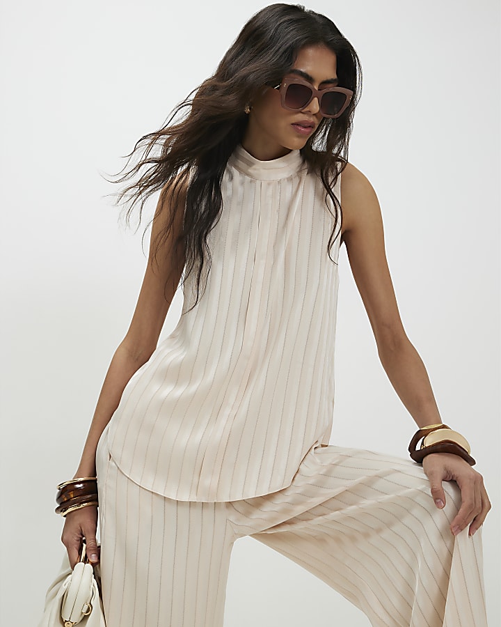 Cream Satin Stripe Tunic Top