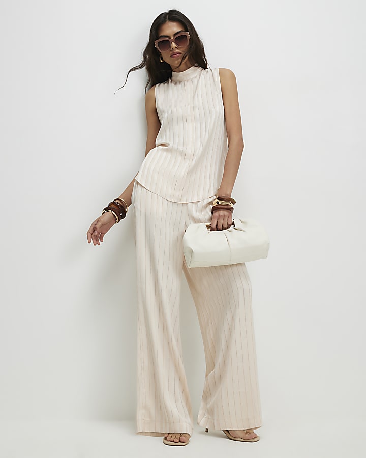 Cream Satin Stripe Tunic Top