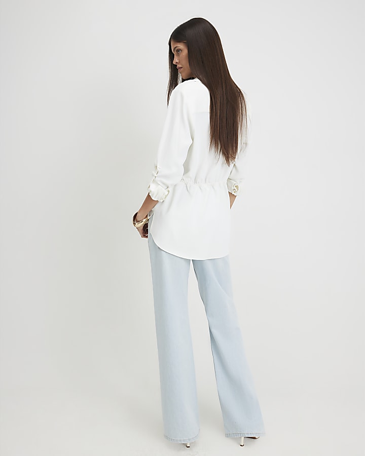 Cream Crepe Drawstring Waist Shirt