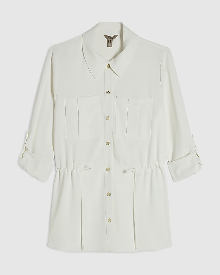 Cream Crepe Drawstring Waist Shirt