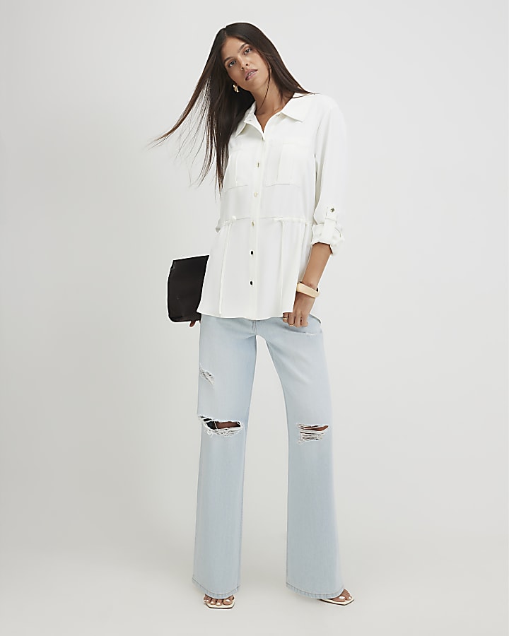 Cream Crepe Drawstring Waist Shirt