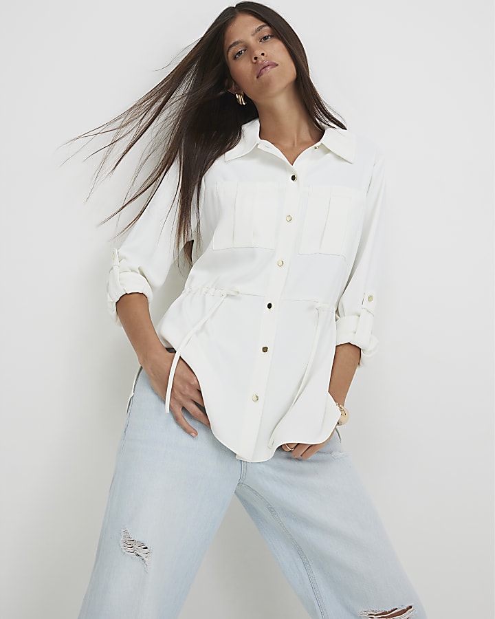 Cream Crepe Drawstring Waist Shirt