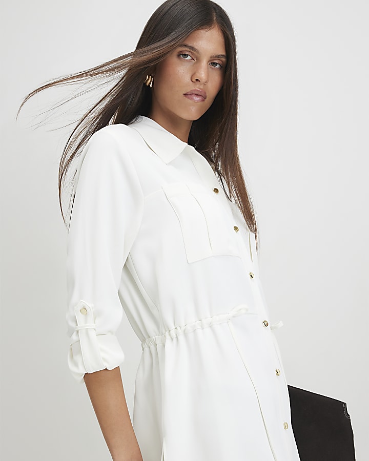 Cream Crepe Drawstring Waist Shirt