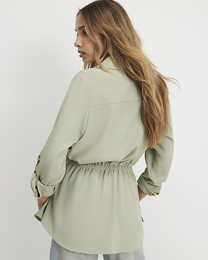 Khaki Crepe Drawstring Waist Shirt