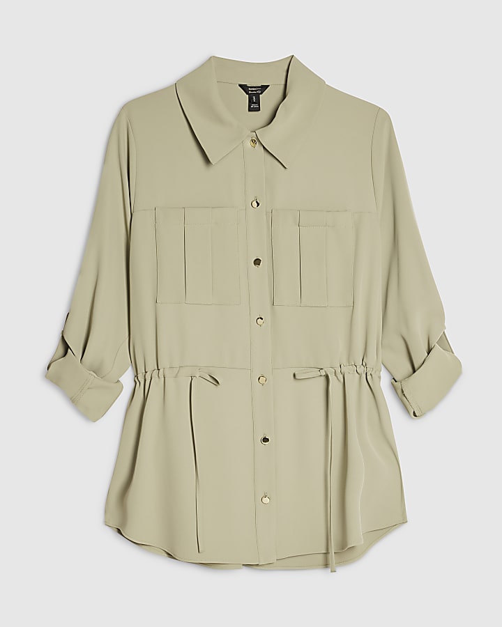 Khaki Crepe Drawstring Waist Shirt