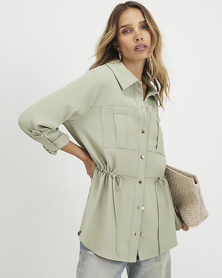 Khaki Crepe Drawstring Waist Shirt
