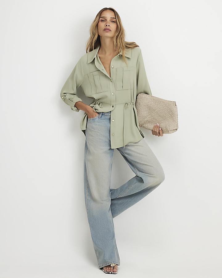 Khaki Crepe Drawstring Waist Shirt