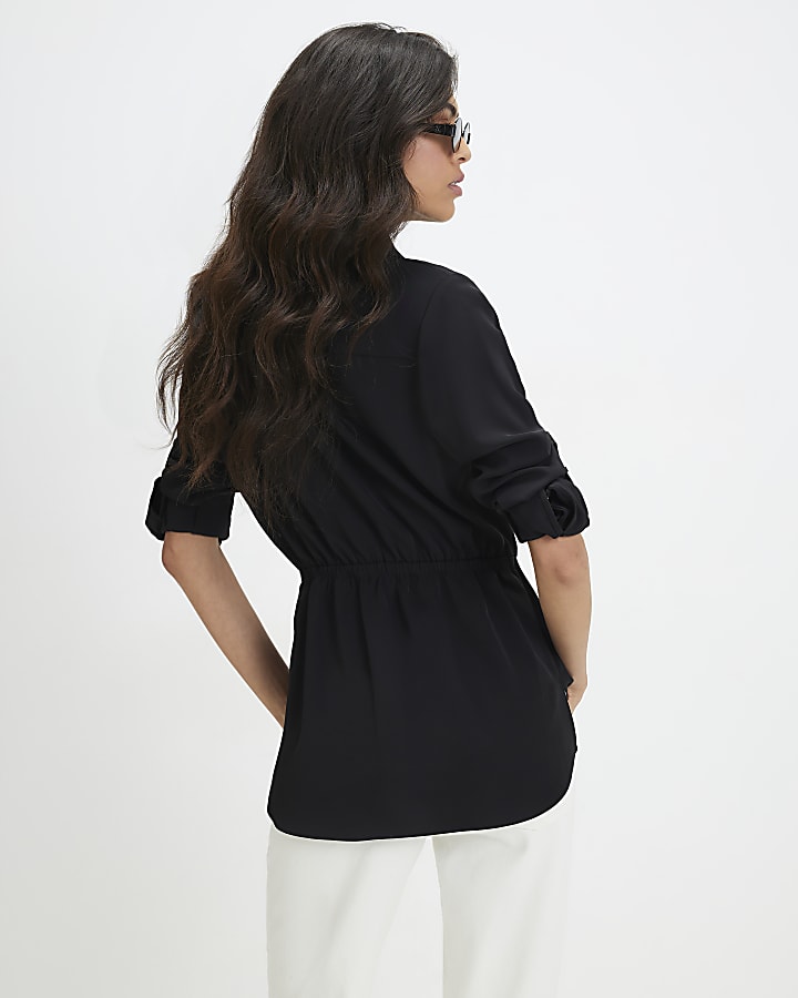Black Crepe Drawstring Waist Shirt