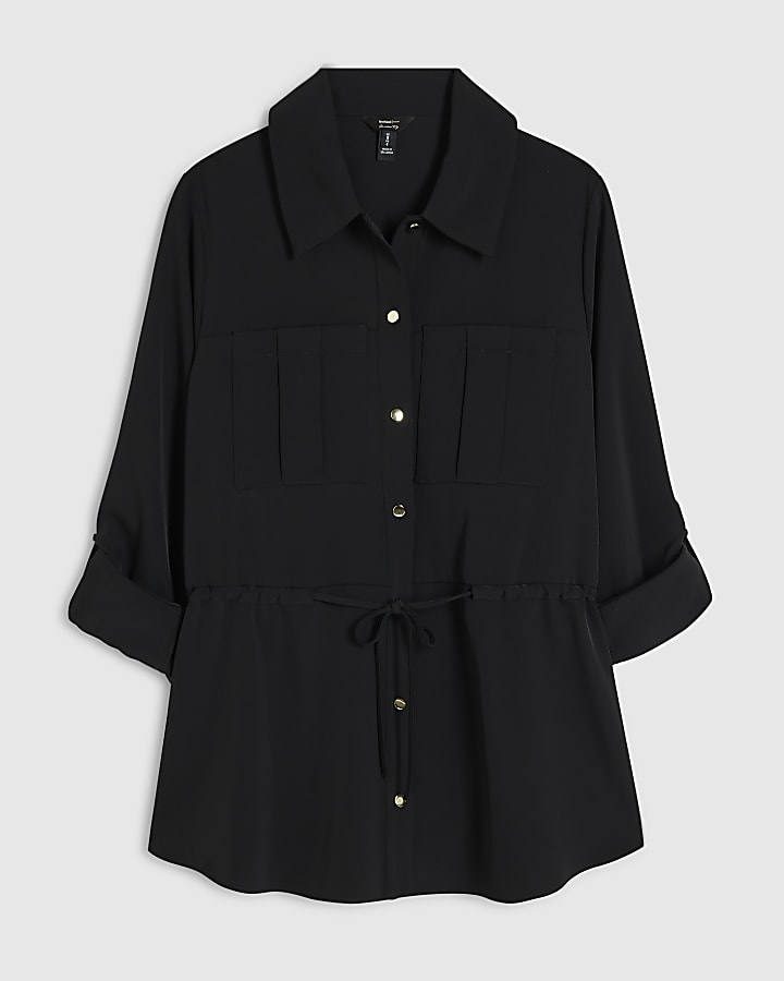 Black Crepe Drawstring Waist Shirt