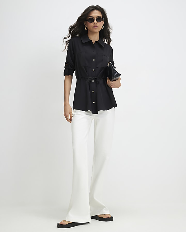 Black Crepe Drawstring Waist Shirt